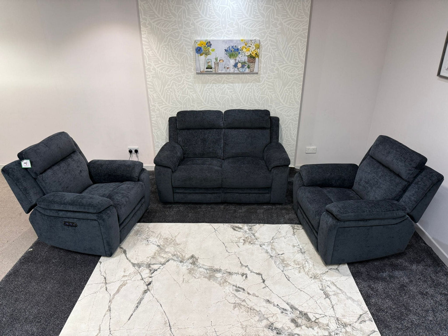 "Barre" Electric / Power Reclining Grey Fabric 2 Seater Sofa + 2 Armchairs Sofa Set - USB Charging Ports