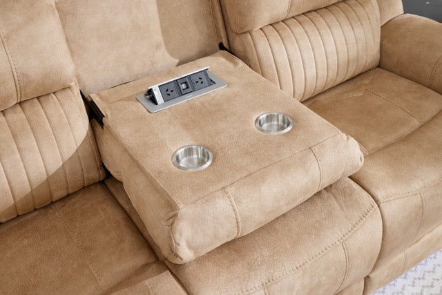 (Pre Order Promo Deal!) Geneva Beige Easy Clean Suede Fabric 3 Seater + 2 Seater With Tech Console + Armchair Set | Online Only