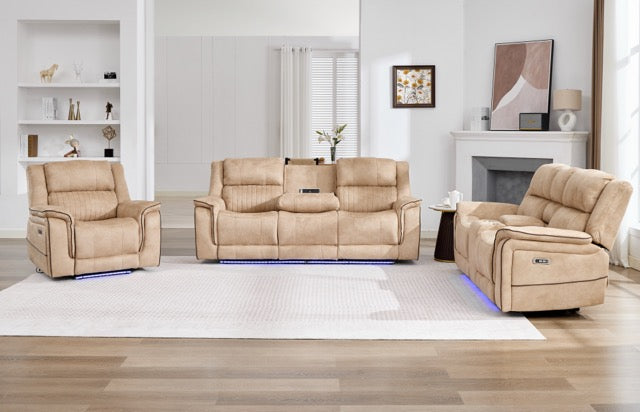 (Pre Order Promo Deal!) Geneva Beige Easy Clean Suede Fabric 3 Seater + 2 Seater With Tech Console + Armchair Set | Online Only