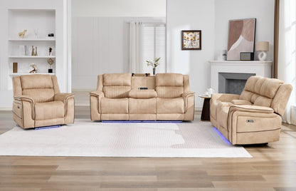 (Pre Order Promo Deal!) Geneva Beige Easy Clean Suede Fabric 3 Seater + 2 Seater With Tech Console + Armchair Set | Online Only