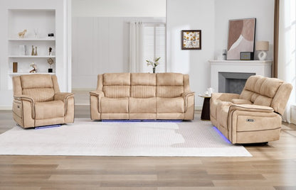(Pre Order Promo Deal!) Geneva Beige Easy Clean Suede Fabric 3 Seater + 2 Seater With Tech Console + Armchair Set | Online Only
