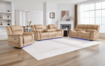 (Pre Order Promo Deal!) Geneva Beige Easy Clean Suede Fabric 3 Seater + 2 Seater With Tech Console + Armchair Set | Online Only
