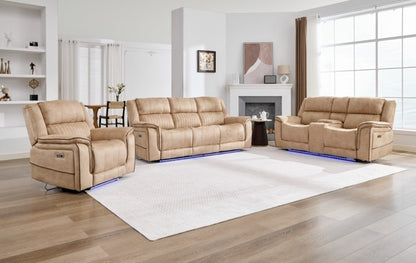 (Pre Order Promo Deal!) Geneva Beige Easy Clean Suede Fabric 3 Seater + 2 Seater With Tech Console + Armchair Set | Online Only