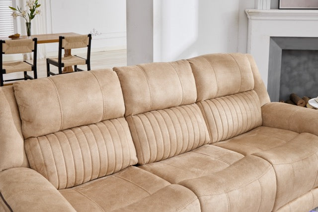 (Pre Order Promo Deal!) Geneva Beige Easy Clean Suede Fabric 3 Seater + 2 Seater With Tech Console + Armchair Set | Online Only