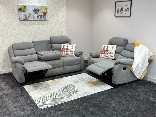 ‘Lewson’ Reclining Grey Fleck Fabric 3 Seater + 2 Seater Sofa Set + Drinks Tray Table | Couch |