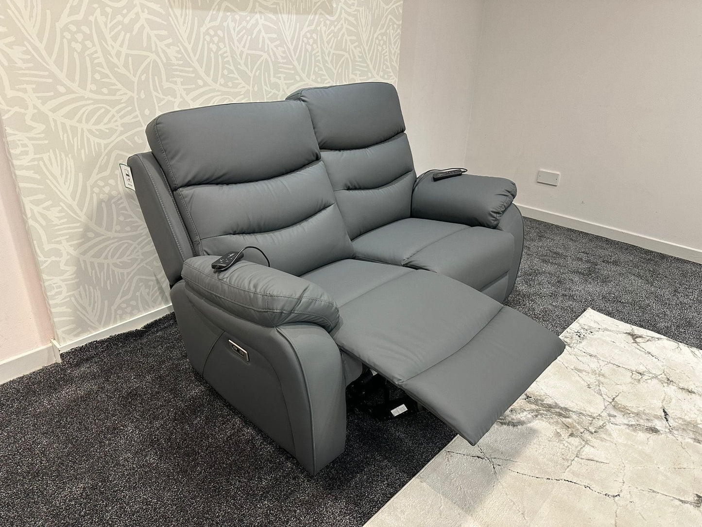 "Bertie" Grey Leather Electric Reclining Massage 3 Seater + 2 Seater Sofa Set With Power Headrests & USB Charging Ports For Ultimate Comfort