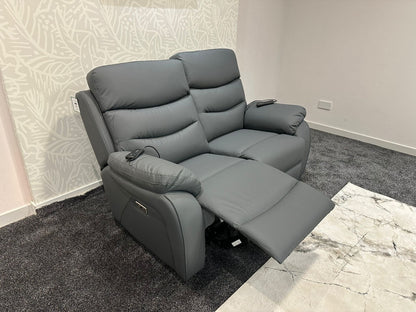 "Bertie" Grey Leather Electric Reclining Massage 3 Seater + 2 Seater Sofa Set With Power Headrests & USB Charging Ports For Ultimate Comfort