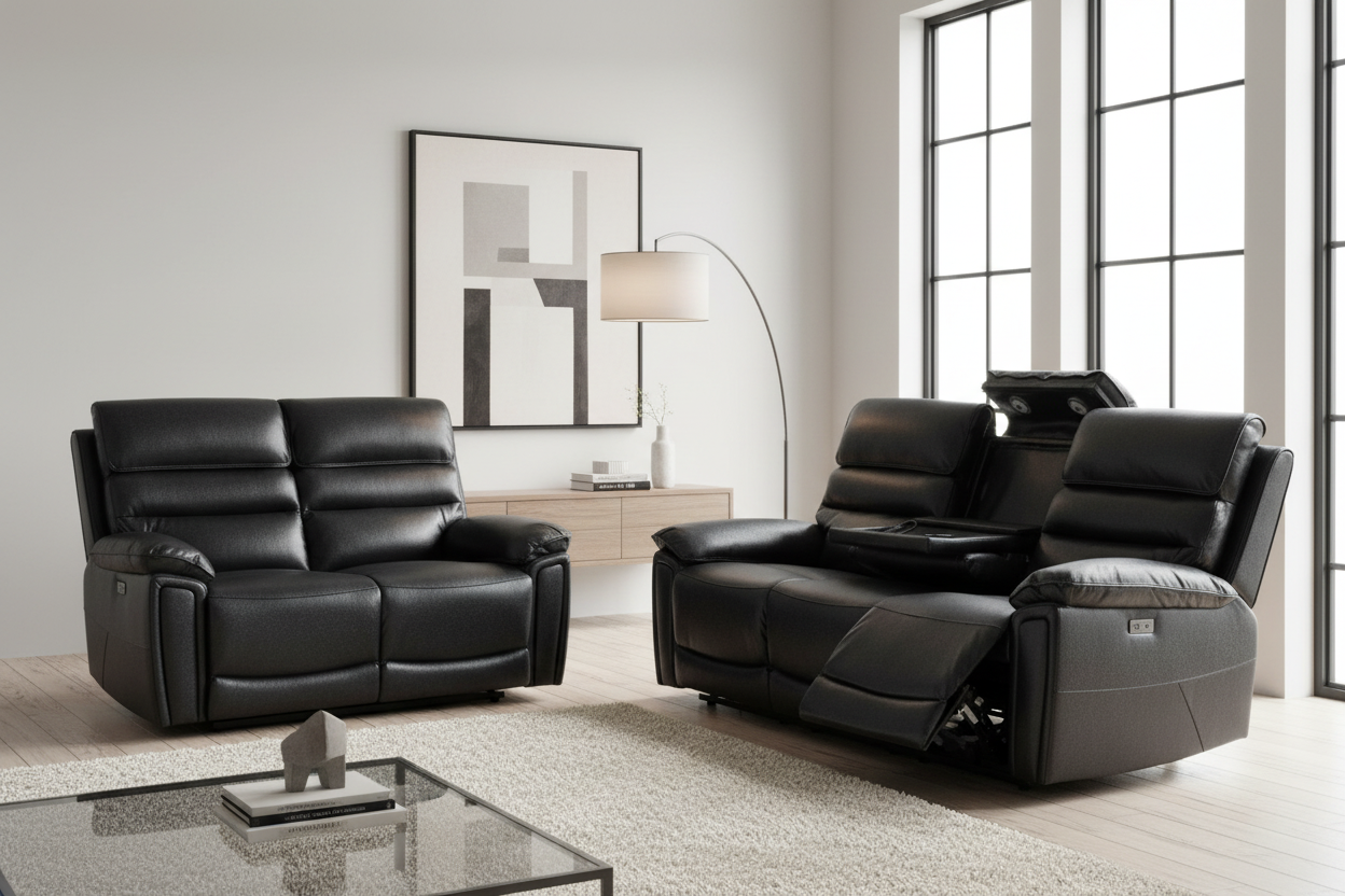 Donald Black Leather Electric / Power Reclining 3 Seater + 2 Seater Sofa Set With USB Charging Ports & Drop Down Tray Table