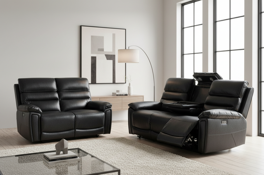Donald Black Leather Electric / Power Reclining 3 Seater + 2 Seater Sofa Set With USB Charging Ports & Drop Down Tray Table