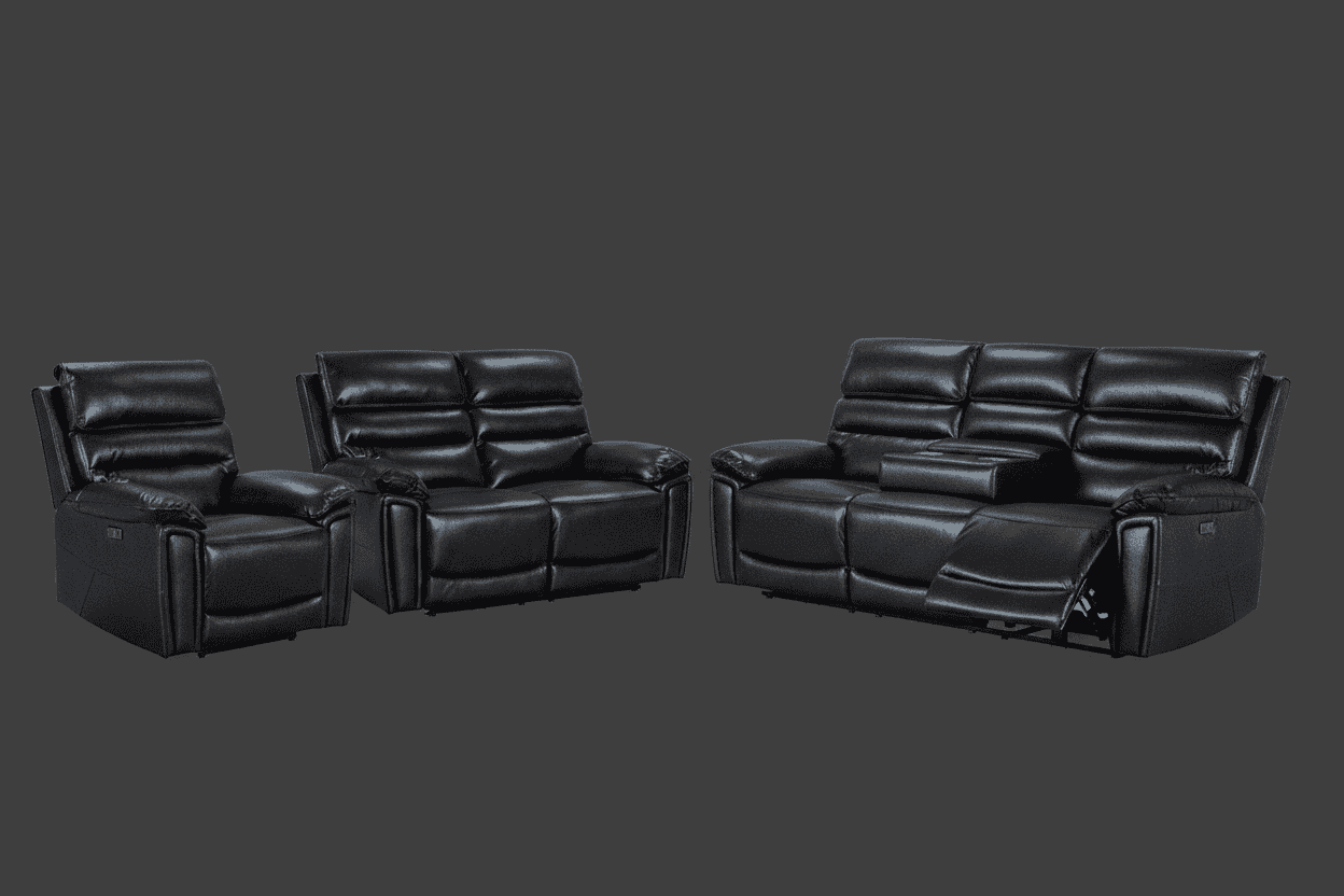 BUNDLE DEAL! DFS Lawson Black Leather Electric Reclining 3 Seater + 2 Seater + Armchair Sofa Set With USB Charging Ports & Drop Down Tray Table