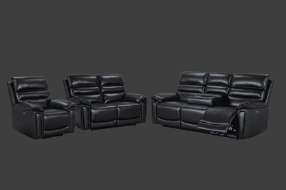 BUNDLE DEAL! DFS Lawson Black Leather Electric Reclining 3 Seater + 2 Seater + Armchair Sofa Set With USB Charging Ports & Drop Down Tray Table