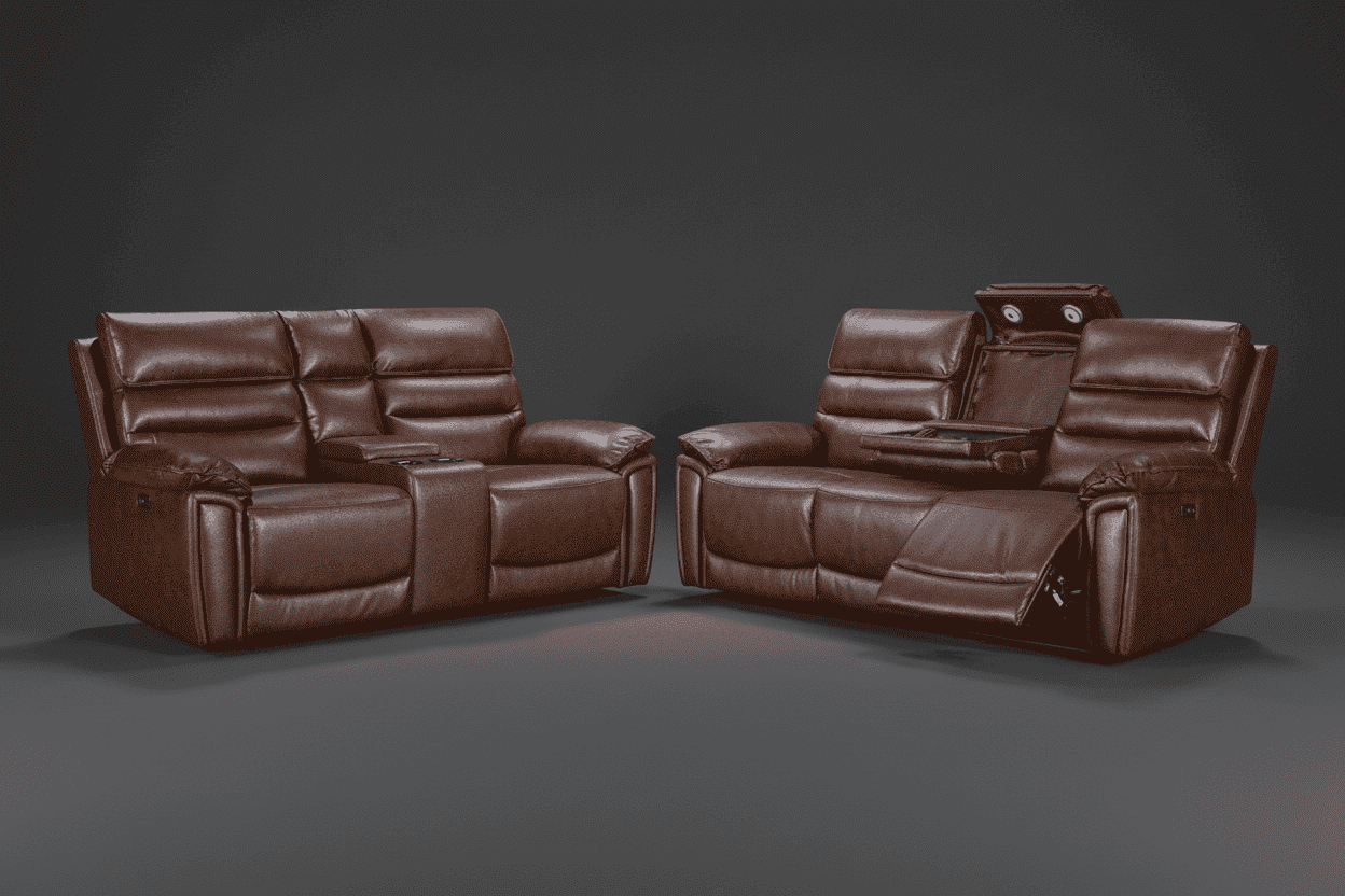 DFS Lawson Brown Leather Electric Reclining 3 Seater + 2 Seater With Console Sofa Set With USB Charging Ports & Drop Down Tray Table