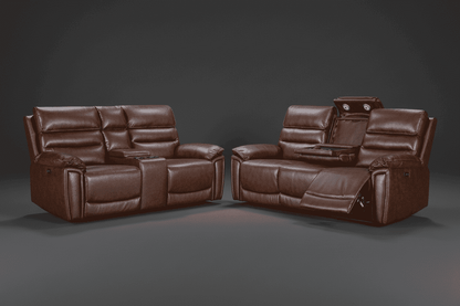 DFS Lawson Brown Leather Electric Reclining 3 Seater + 2 Seater With Console Sofa Set With USB Charging Ports & Drop Down Tray Table