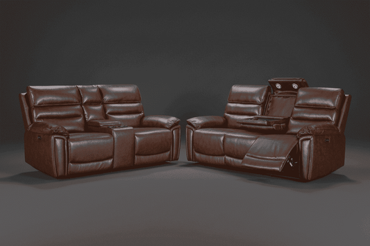 DFS Lawson Brown Leather Electric Reclining Sofa Range Suite Set With USB Charging Ports & Drop Down Tray Table
