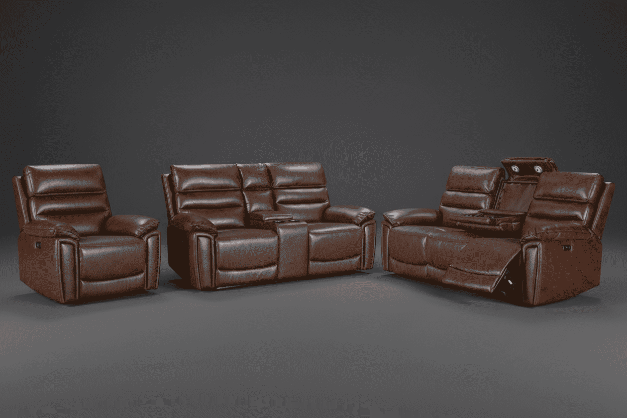 BUNDLE DEAL! DFS Lawson Brown Leather Electric Reclining 3 Seater + 2 Seater With Drinks Console + Armchair Sofa Range Suite Set With USB Charging Ports & Drop Down Tray Table