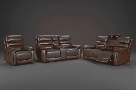 BUNDLE DEAL! DFS Lawson Brown Leather Electric Reclining 3 Seater + 2 Seater With Drinks Console + Armchair Sofa Range Suite Set With USB Charging Ports & Drop Down Tray Table