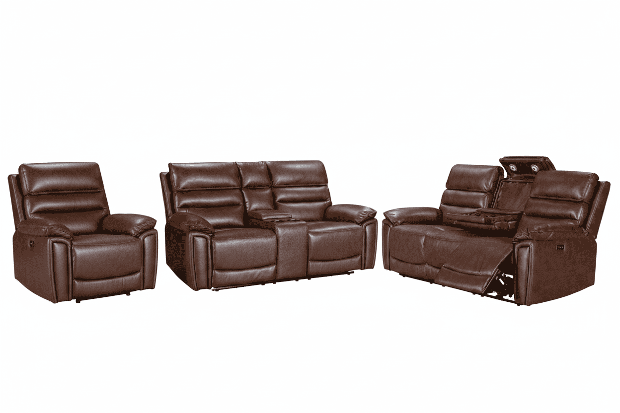 Donald Brown Leather Electric / Power Reclining Sofa Range Suite Set With USB Charging Ports & Drop Down Tray Table