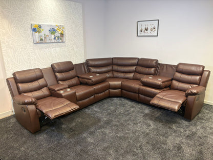 "Lando" Brown Leather 3C3C Recliner Corner Sofa Reversible | Drinks Tray Table | Modular