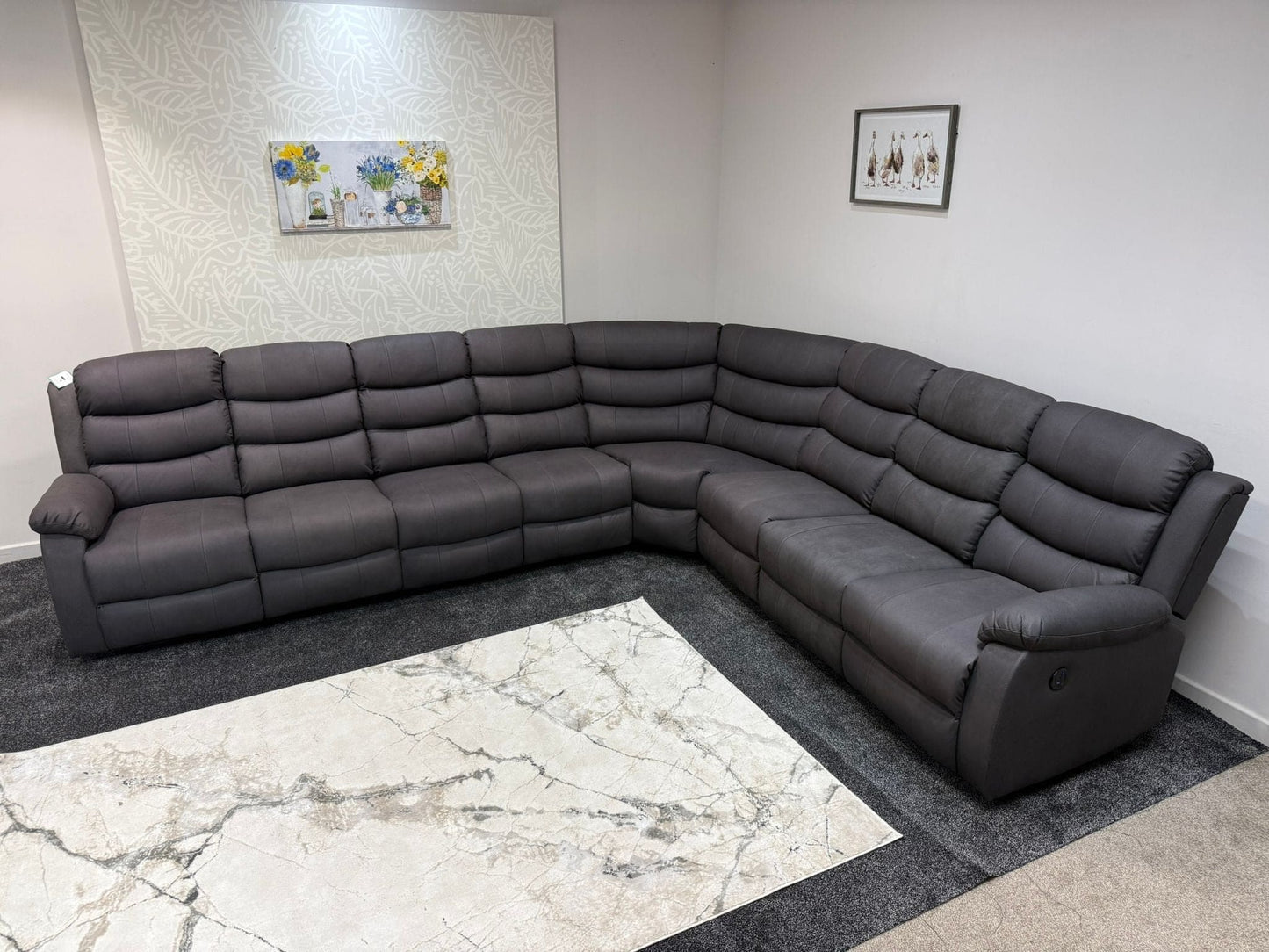 "Willow" Dark Grey Fabric 4C3 Recliner Corner Sofa | 2 x Drinks Tray Tables | Easy Clean Fabric | Modular