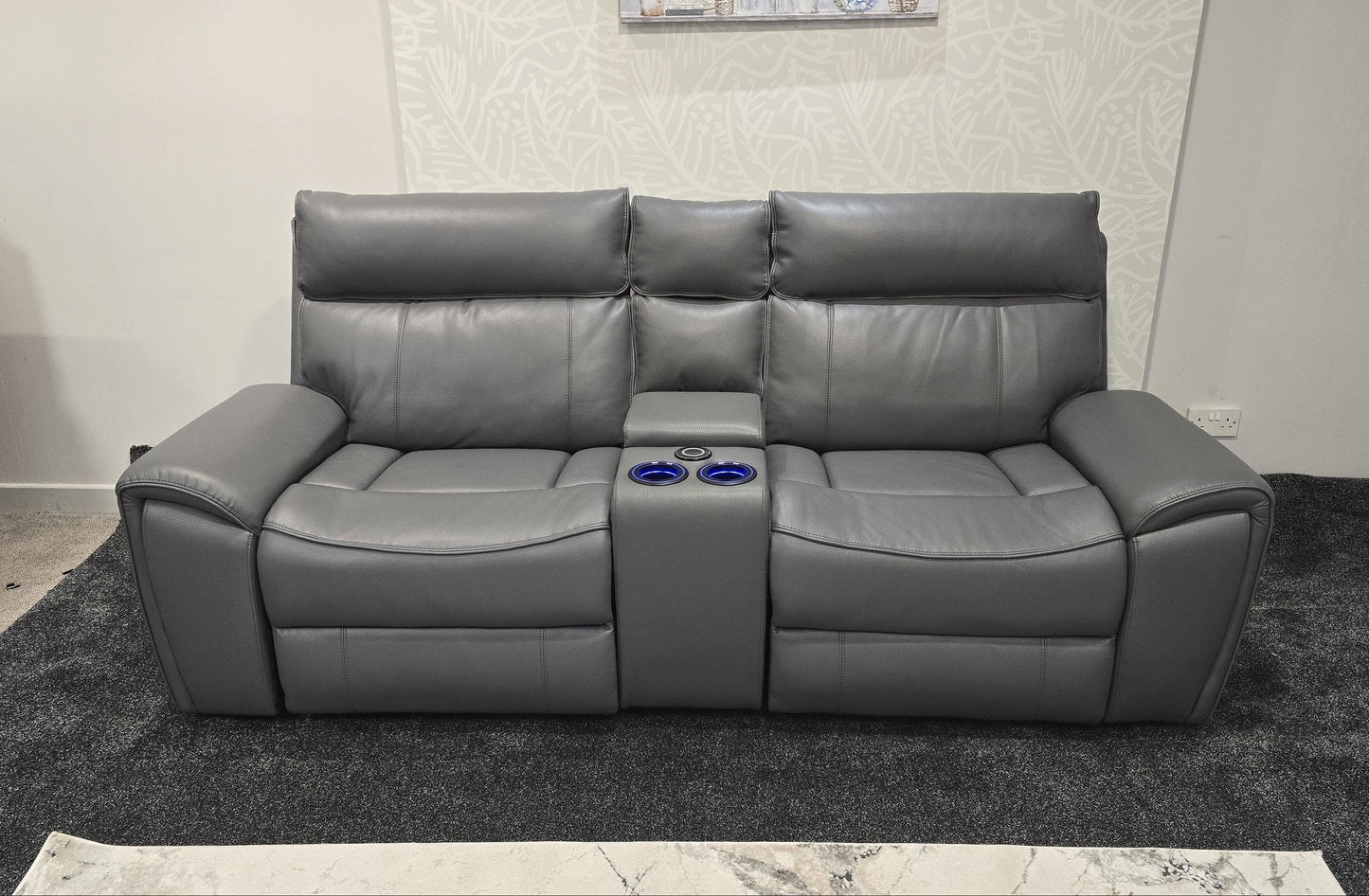 "Ronan" Cinema Sofa in Milano Grey Leather Power Recliner Complete With USB & Wireless Charging. Laf + Raf + Console