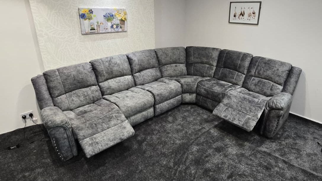 GALAXY Grey Plush Velvet Fabric Electric Reclining 3C2 Corner Sofa & USB Ports