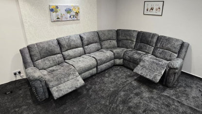 GALAXY Grey Plush Velvet Fabric Electric Reclining 3C2 Corner Sofa & USB Ports
