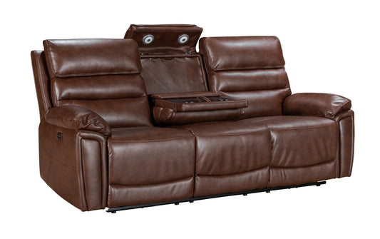 Donald Brown Leather Electric / Power Reclining 3 Seater Sofa With USB Charging Ports & Drop Down Tray Table