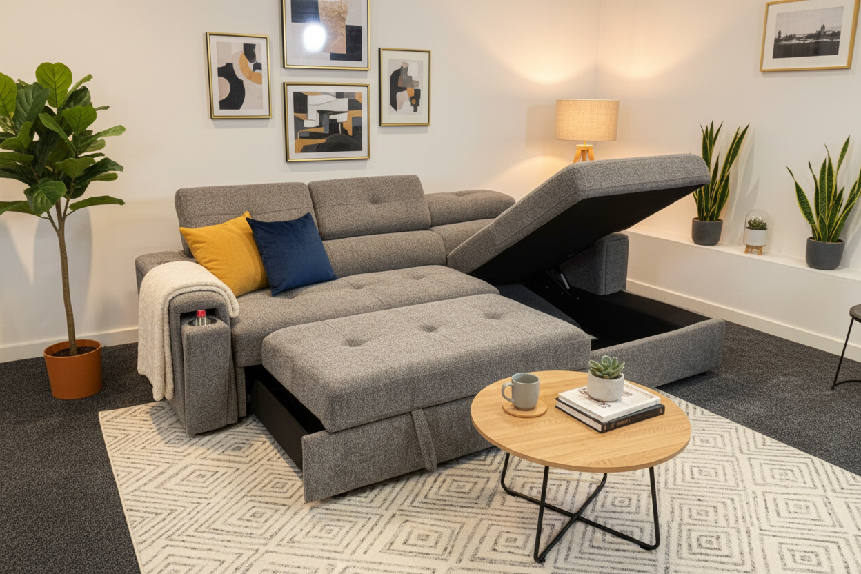"Heatons" SOFA BED - Grey Fabric Corner Sofa / Sofa Bed RHF With Storage Ottoman + Adjustable Headrests + Drinks Holder + Wireless Charger + Drinks Holder