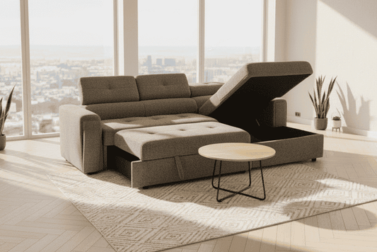 "Jeff" SOFA BED - Grey Fabric Corner Sofa / Sofa Bed RHF With Storage Ottoman + Adjustable Headrests + Drinks Holder + Wireless Charger + Drinks Holder