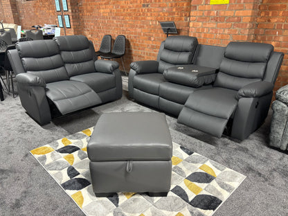 Lando Grey Leather 3 + 2 Seater + Storage Footstool Reclining Sofa Set With Drinks Tray Table Plus A High Backrest & Seating Position | Couch |