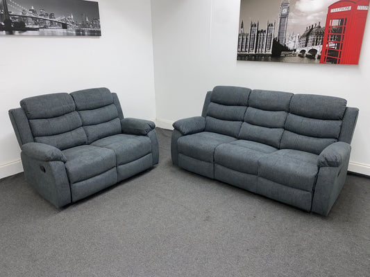 ‘Lewson’ Charcoal Grey Fabric Recliner 3 Seater + 2 Seater Sofa Set + Drinks Tray Table | Couch |