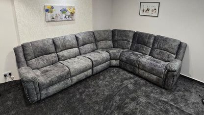 GALAXY Grey Plush Velvet Fabric Electric Reclining 3C2 Corner Sofa & USB Ports