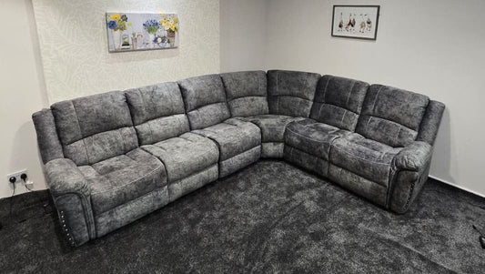 GALAXY Grey Plush Velvet Fabric Electric Reclining 3C2 Corner Sofa & USB Ports