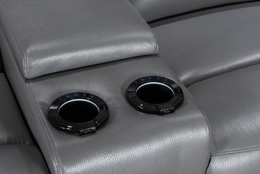 Donald Grey Leather Electric / Power Reclining 2 Seater Sofa With Drinks Coolers USB Charging Ports & Drop Down Tray Table