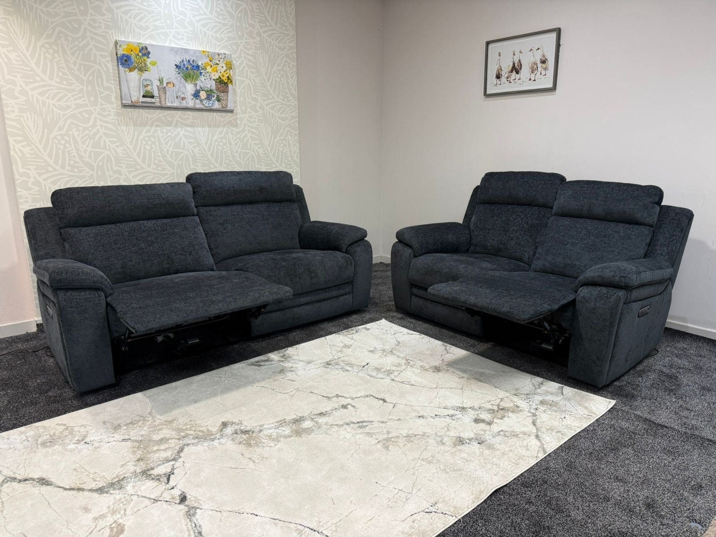 "Barre" Electric / Power Reclining Grey Fabric 3 + 2 Seater Sofa Set - USB Charging Ports