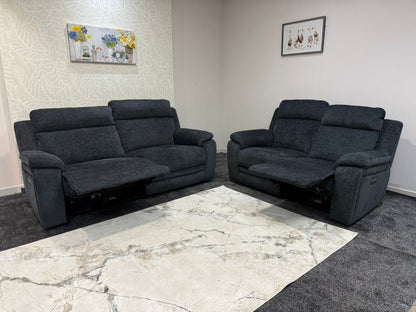 "Barre" Electric / Power Reclining Grey Fabric 3 + 2 Seater Sofa Set - USB Charging Ports
