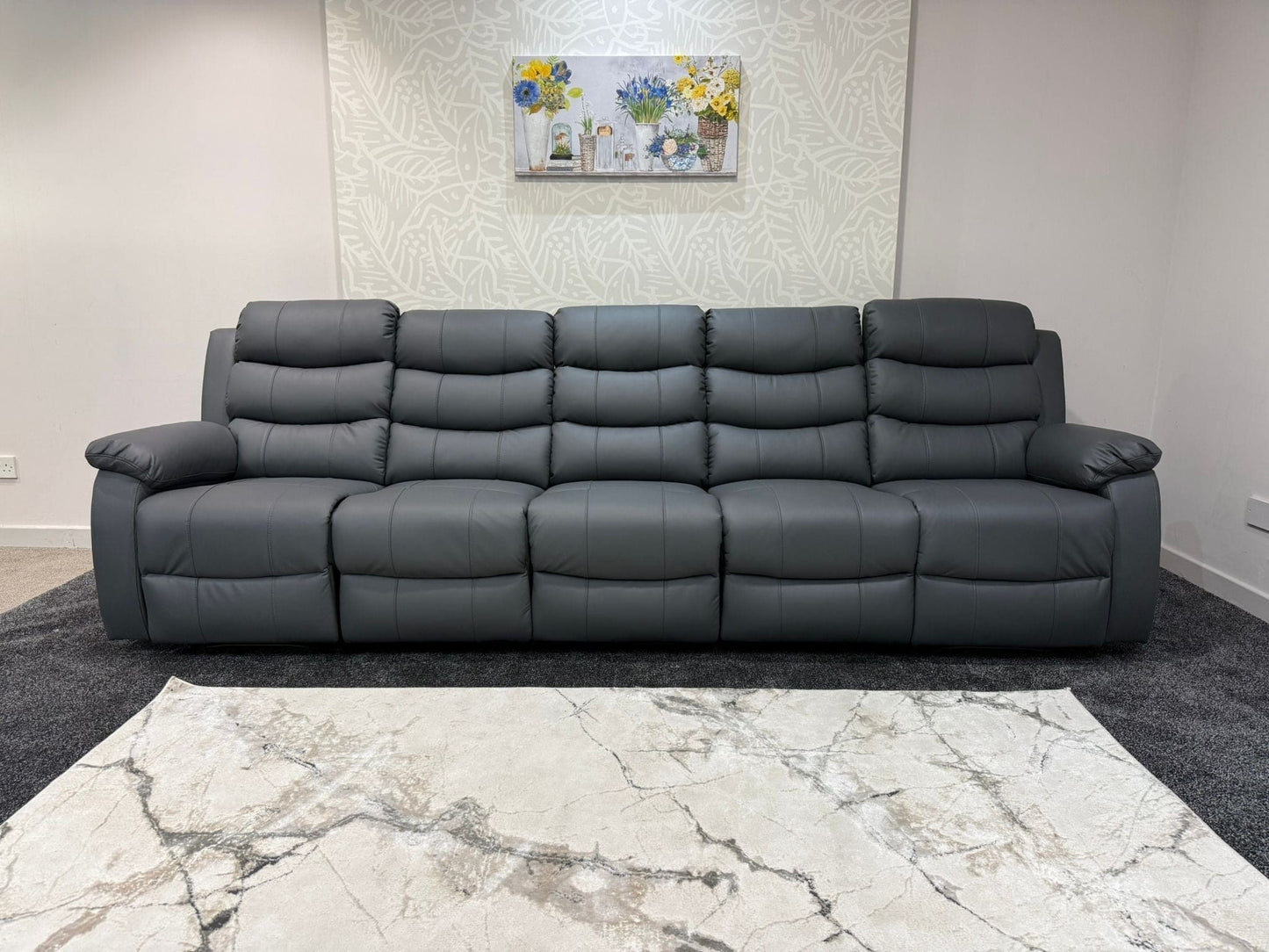 Lando Grey Leather 5 Seater Sofa | Fold Down Tray Table, High Headrest & Seating Position Couch