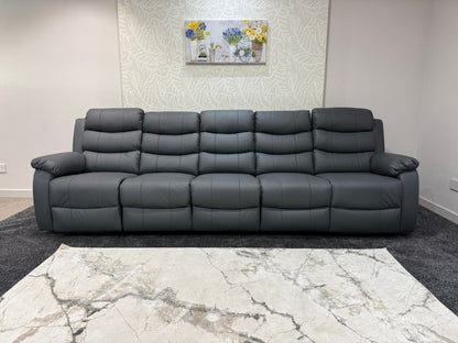 Lando Grey Leather 5 Seater Sofa | Fold Down Tray Table, High Headrest & Seating Position Couch