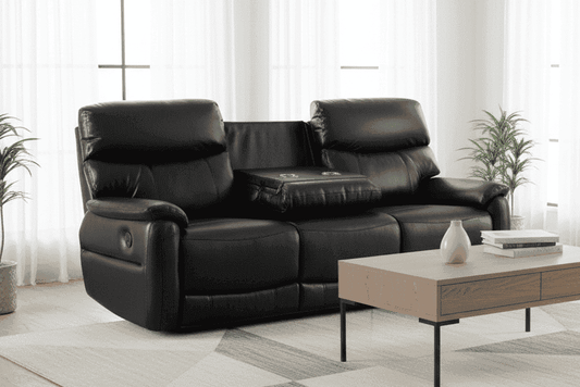 DFS Black Milano Leather Electric / Power Reclining Sofa Range 3 Seater Sofa Suite With USB Charging Ports