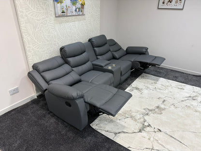 Lando Grey Leather 4 Seater Sofa With Drinks Console | Fold Down Tray Table, High Headrest & Seating Position Couch