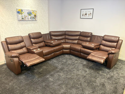 "Lando" Brown Leather 3C3C Recliner Corner Sofa Reversible | Drinks Tray Table | Modular
