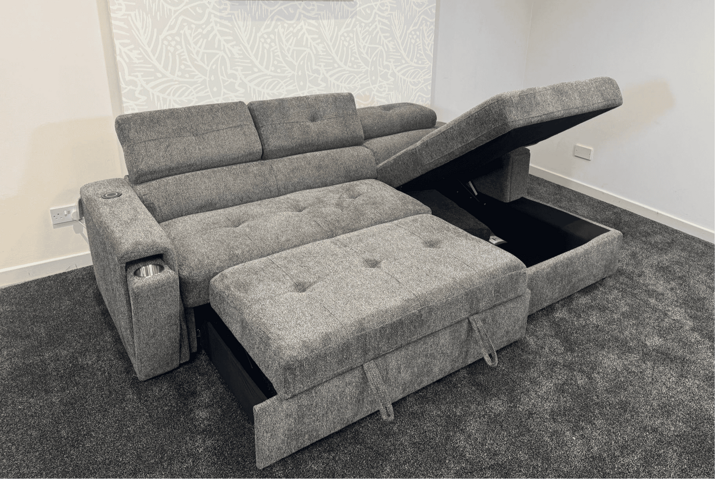 RHF Grey Fabric Sofa Bed + Storage Ottoman + Adjustable Headrests + Drinks Holder + Wireless Charger