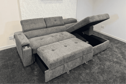 RHF Grey Fabric Sofa Bed + Storage Ottoman + Adjustable Headrests + Drinks Holder + Wireless Charger