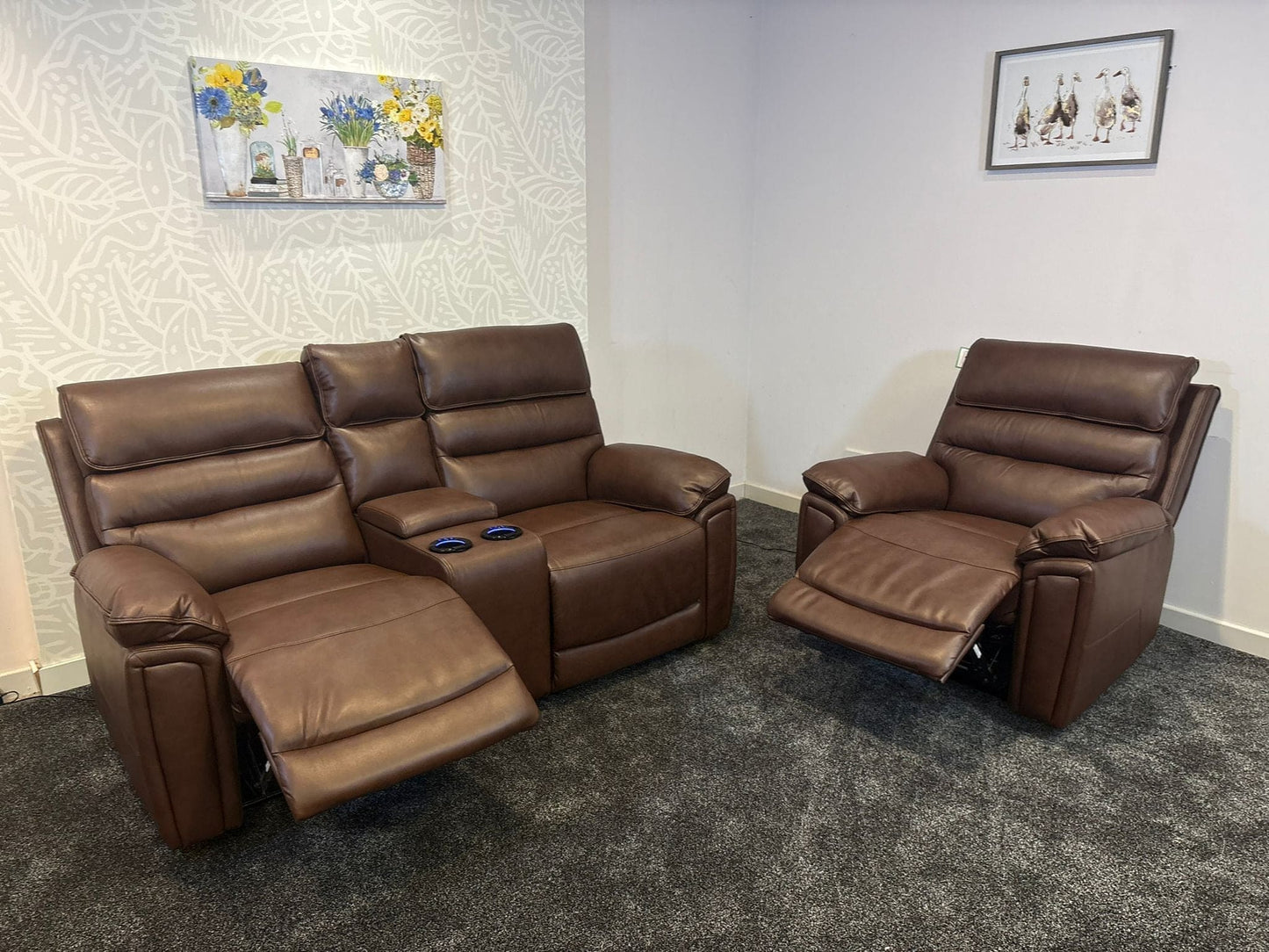 Donald Brown Leather Electric / Power Reclining Sofa Range Suite Set With USB Charging Ports & Drop Down Tray Table