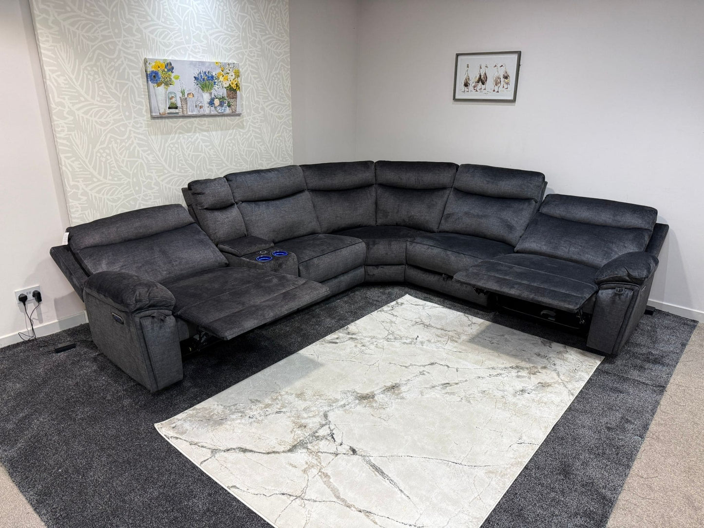 "Xavier" Grey Plush Fabric Power Recliner Corner Sofa With USB Charging Ports, Drinks Cooling Cup Holders Plus Many More Modern Features