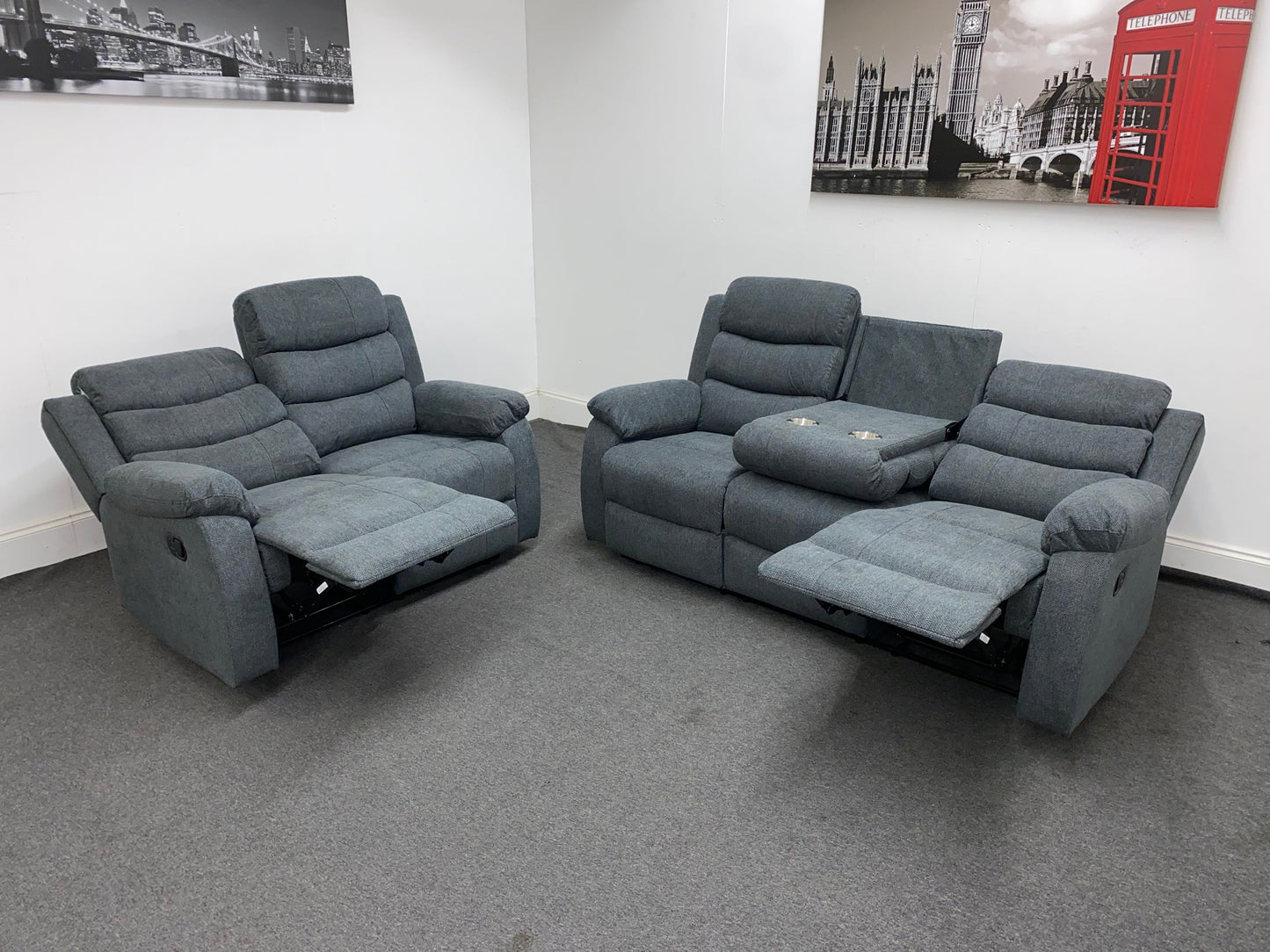 ‘Lewson’ Charcoal Grey Fabric Recliner 3 Seater + 2 Seater Sofa Set + Drinks Tray Table | Couch |