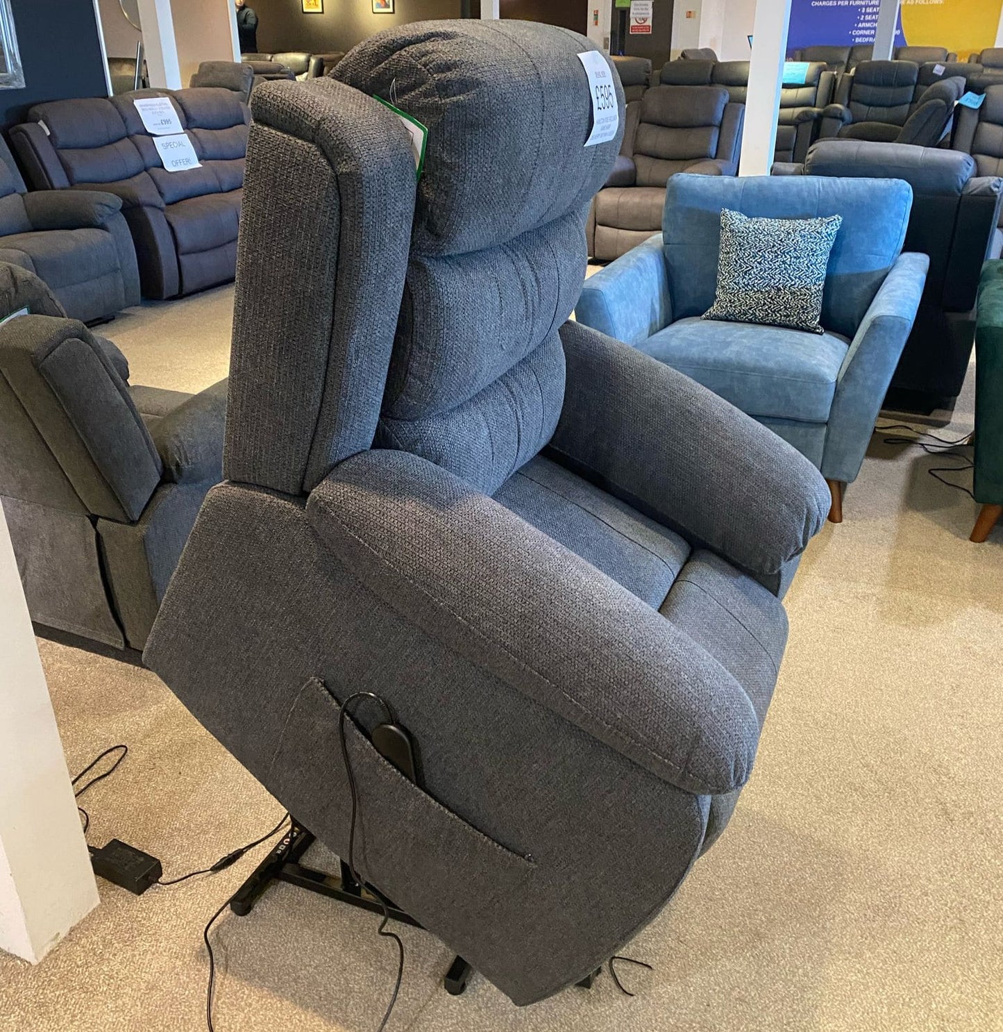 Electric Lewson Grey Fabric Rise & Recliner 1 Seater Sofa / Armchair