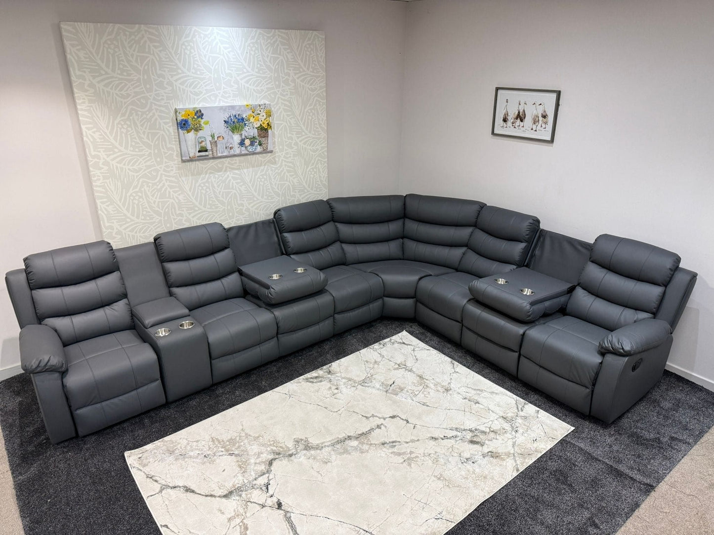"Lando" Grey Leather 4C3C Recliner Corner Sofa Reversible | 2 x Drinks Tray Table | Modular