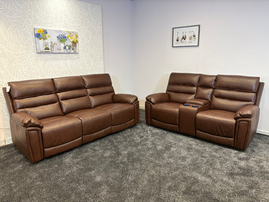 Donald Brown Leather Electric / Power Reclining 3 Seater + 2 Seater Sofa Set With USB Charging Ports & Drop Down Tray Table