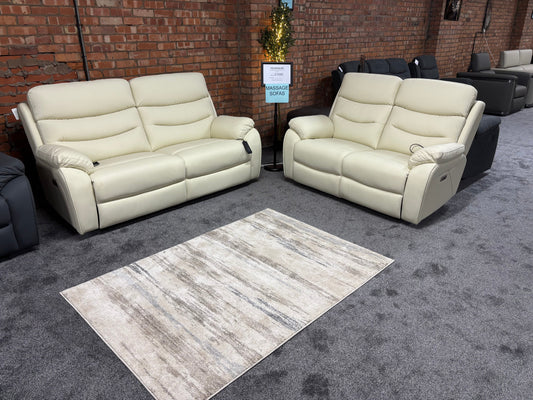"Bertie" Cream Leather Electric Reclining Massage Sofa Range With Power Headrests & USB Charging Ports For Ultimate Comfort